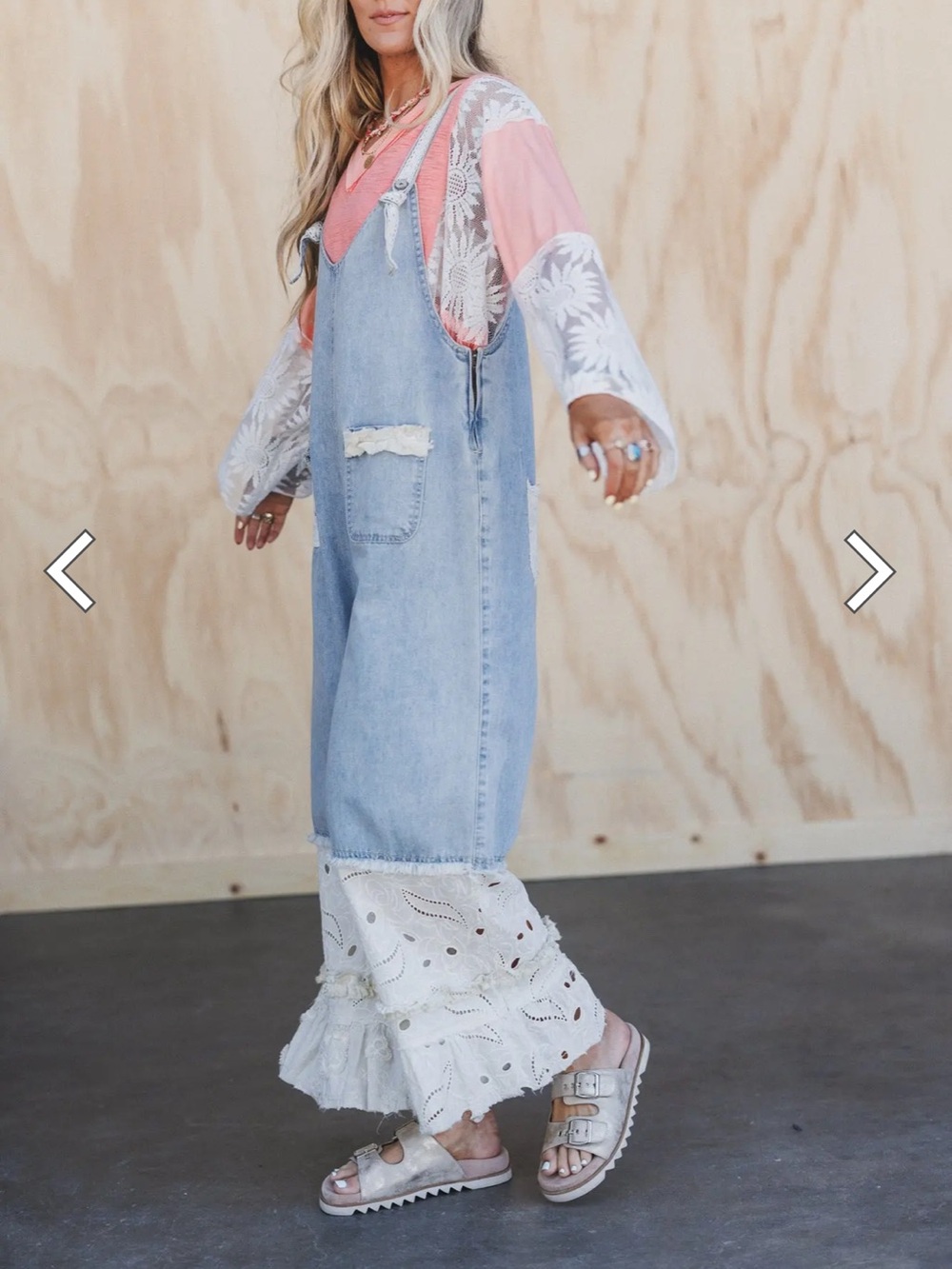 POL Light Wash Denim Pinafore Jumpsuit with White Eyelet Ruffle